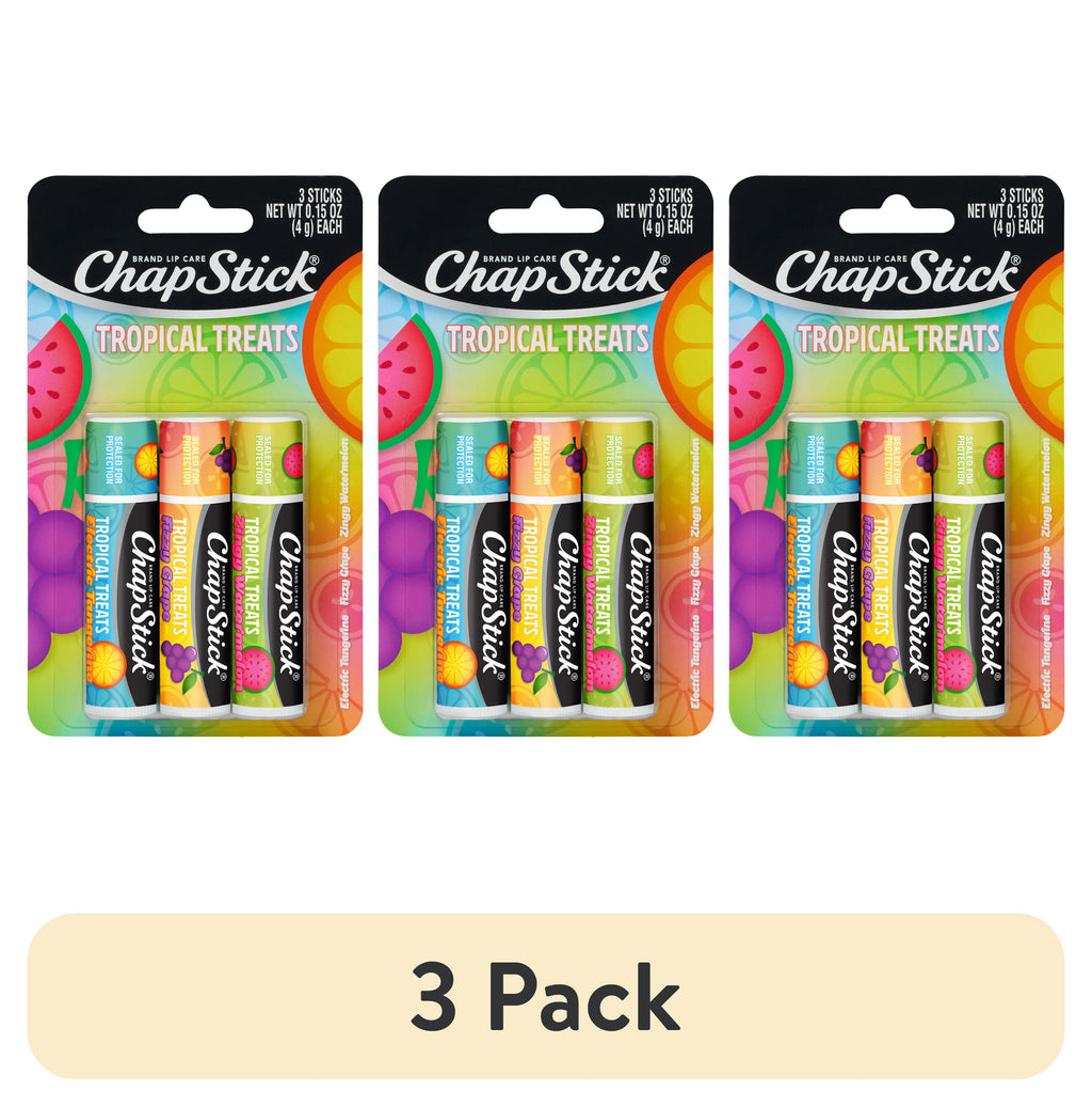 (3 Pack)  Tropical Treats Flavored Lip Balm, Watermelon, Tangerine & Grape, 3 Pack