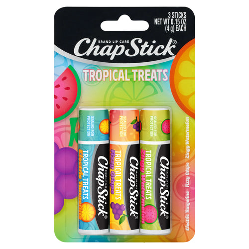 (3 Pack)  Tropical Treats Flavored Lip Balm, Watermelon, Tangerine & Grape, 3 Pack